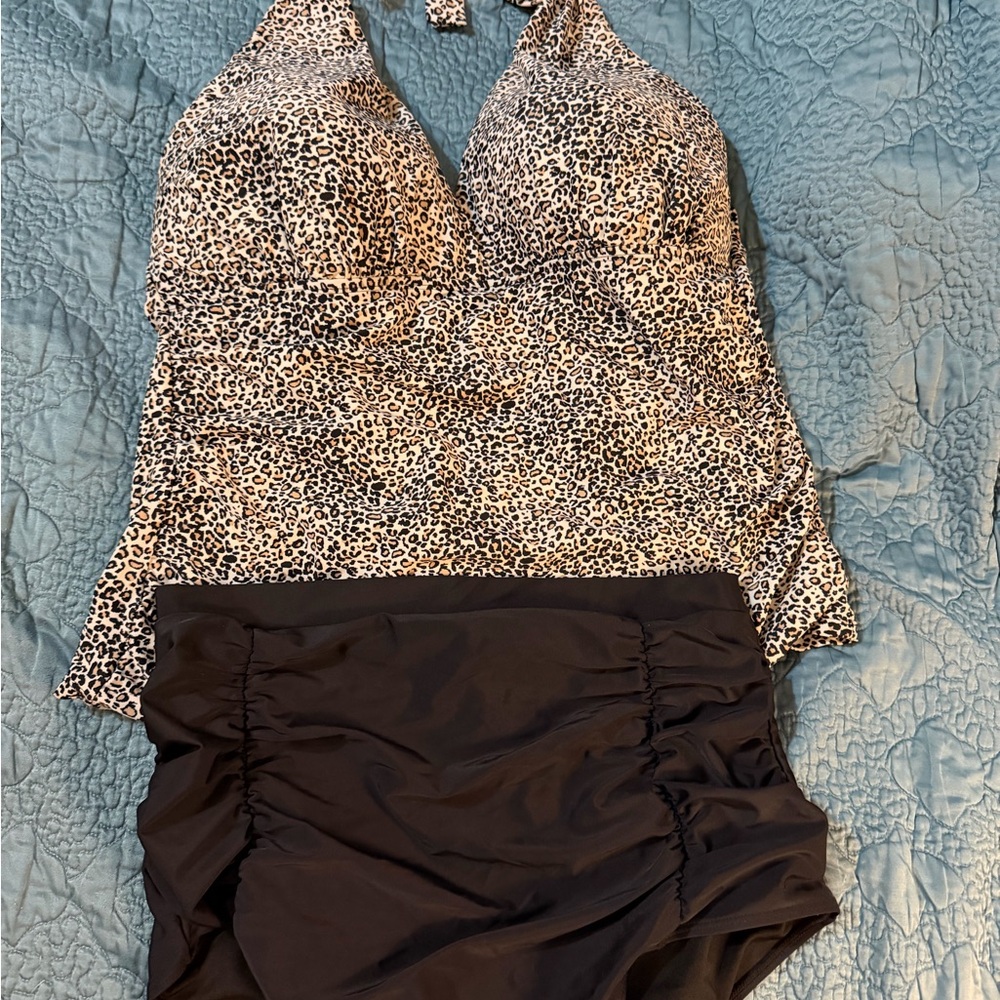 Leopard Print Halter Swim Top and Black Bottom Set